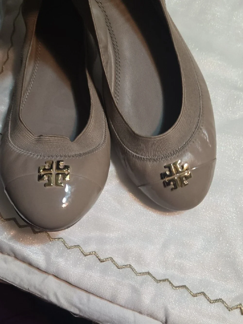 Tory Burch Taupe Patent & Leather Logo Ballet Flats